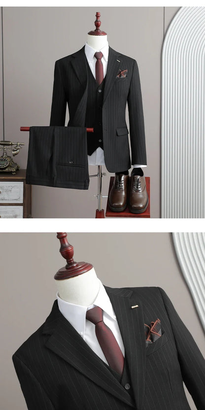 A Stylish and Cool Striped Casual Business Three-Piece Suit Set for the Autumn of 2025, a High-Quality Wedding Suit