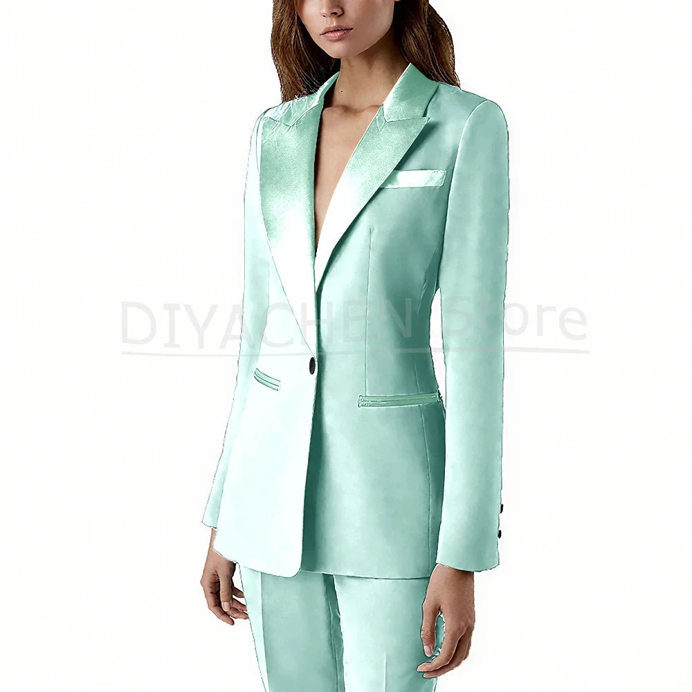 Pants Sets 2 Piece Fashion Satin Peak Lapel Single Button Solid Color Outfits Chic Casual Slim Daily Office Women's Suit