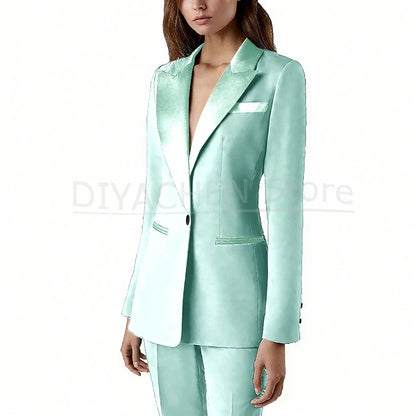 Pants Sets 2 Piece Fashion Satin Peak Lapel Single Button Solid Color Outfits Chic Casual Slim Daily Office Women's Suit