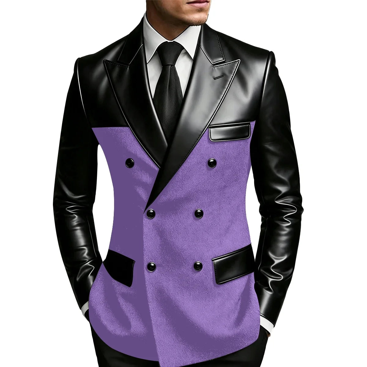 Men's Double Breasted Suit Blazer with Leather Patchwork for Weddings and Formal Events