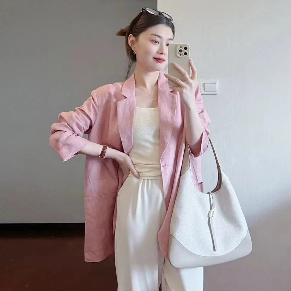 Cotton Linen Suit Jaet Women's Summer New Korean Design Casual Loose Long Sve Top Commute Sle Thin Single Button