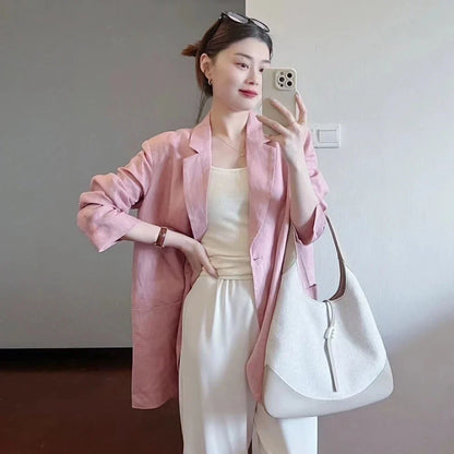 Cotton Linen Suit Jaet Women's Summer New Korean Design Casual Loose Long Sve Top Commute Sle Thin Single Button
