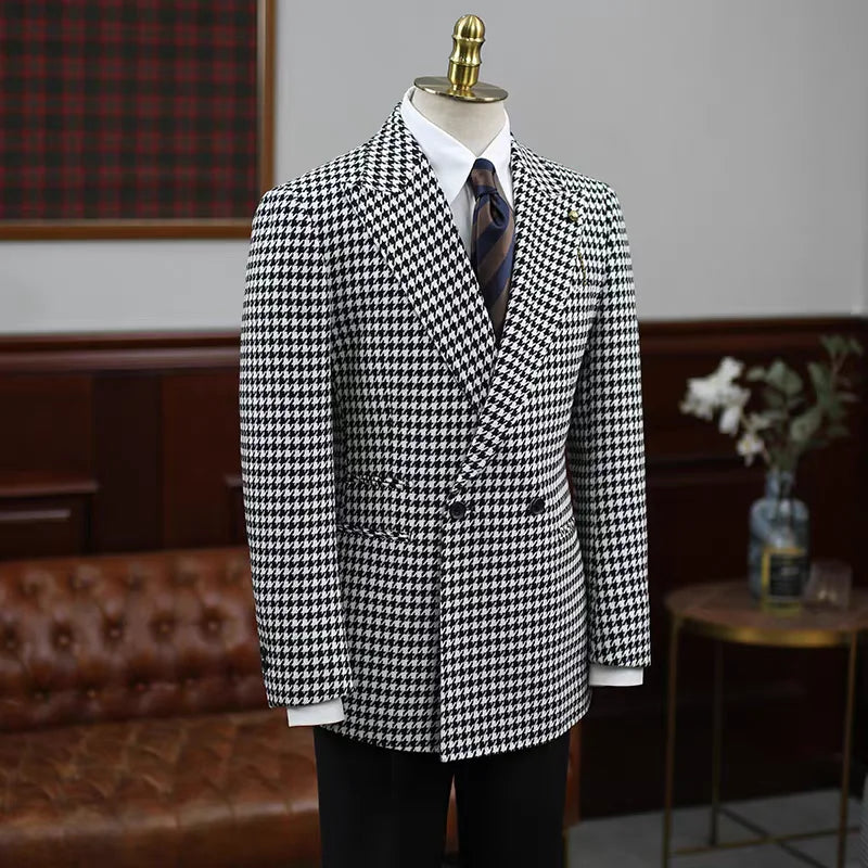 Plaid Houndstooth Men Suits Jacket With Belt Elegant Peaked Lapel Double Breasted Party Prom Blazer One Piecs For Formal Evening