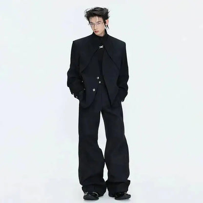 2026 Spring Patchwork Design Cross Collar Solid Color Casual Jacket Men Fashion Elegant Temperament Straight Pants JY6553