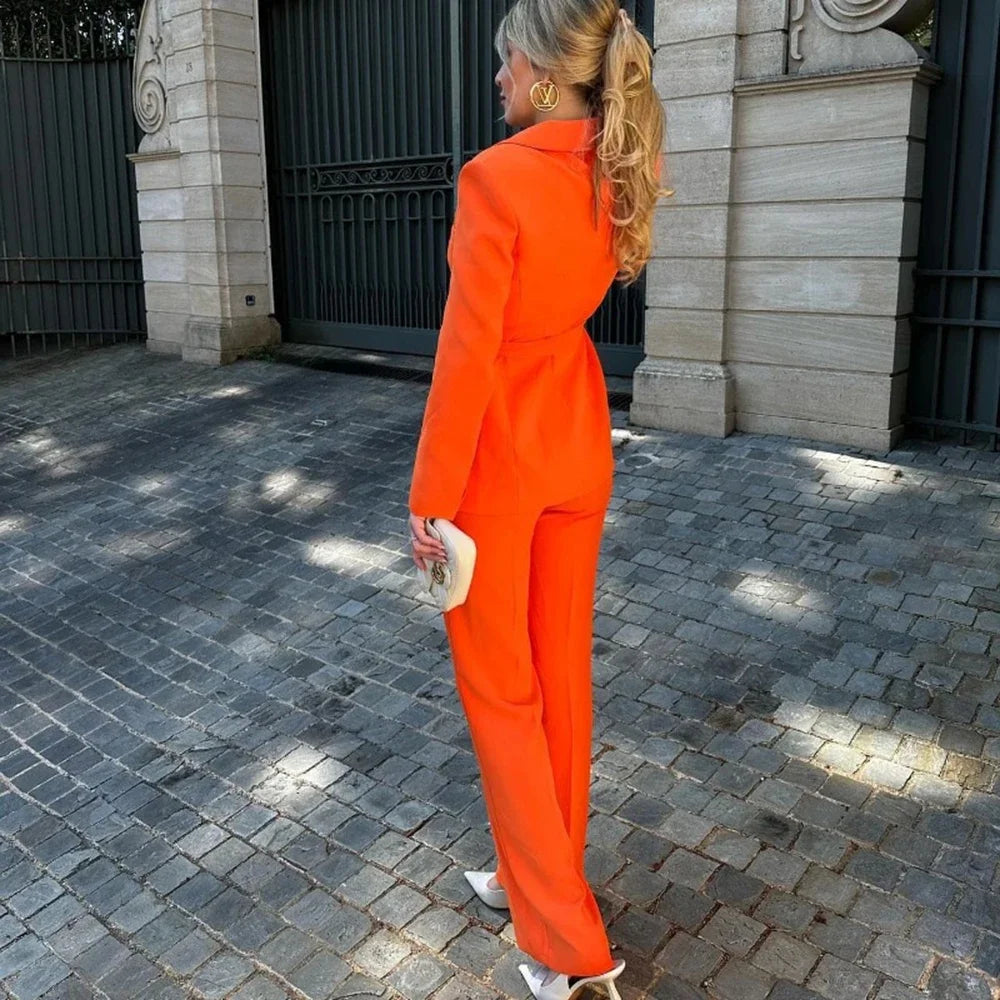 Elegant Shawl Lapel Women Suits Two Piece Summer Long Sleeves No Buttons Tuxedo Slim Casual Daily Pants Sets (Blazer+Pants)