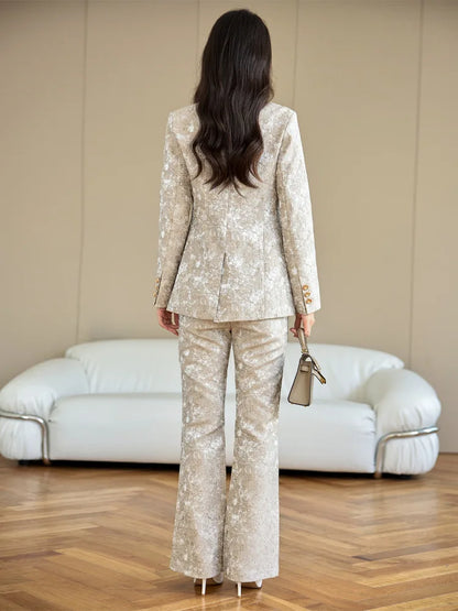 Fashion Apricot Printing Women Pant Suit Elegant Business Office Ladies 2 Piece Set Female Formal Blazer And Trouser