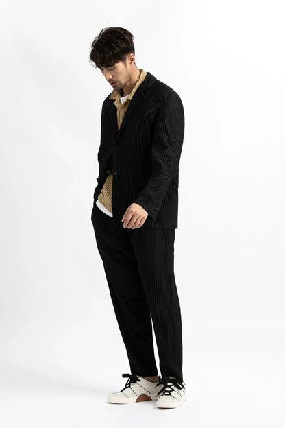 Men's Miyake Pleated Style Blazer Jacket Japanese Casual Stretch Slim Fit Business Office Fashion Luxury Wrinkle Resistant Coat
