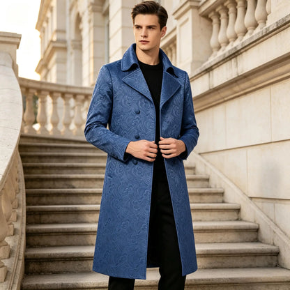 Men Luxury Jacquard Long Trench Coat Lapel Formal Overcoat Outerwear For Wedding Prom Banquet Club Evening Business Stage Party