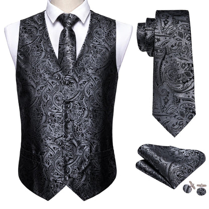 Men's Jacquard Floral V-Neck Suit Vest & Matching Tie Set, Formal Fit Waistcoat for Wedding, Prom, Business Party
