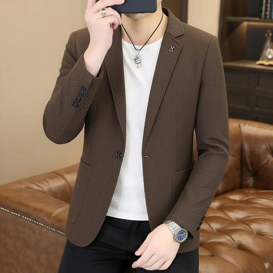Men's Slim Fit Plaid Blazer Single Breasted Smart Casual Suit Jacket