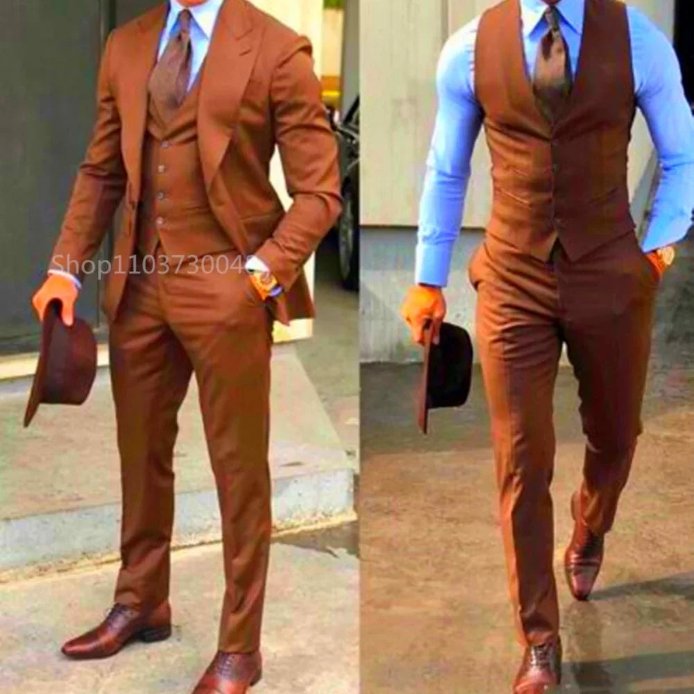 3PCS Men's Formal Tuxedo Set with Peaked Lapel Blazer Vest Pant  Fashion Business Suits For Party Wedding Groom