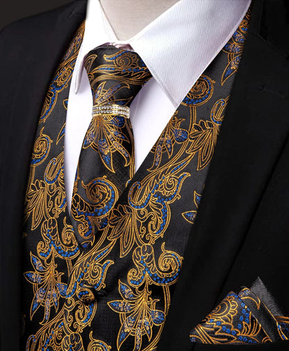 Men's Vest 5-Piece Set Black Gold Scroll Jacquard V-Neck for Banquets and Vintage Theme Events