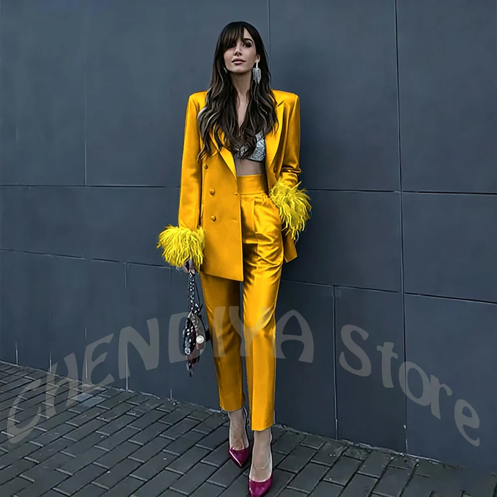 Fuchsia Satin Women's Suit Set Peak Lapel Shiny Glossy Blazer with Feather Elegant Luxury Outfit for Dinner Party Formal Event