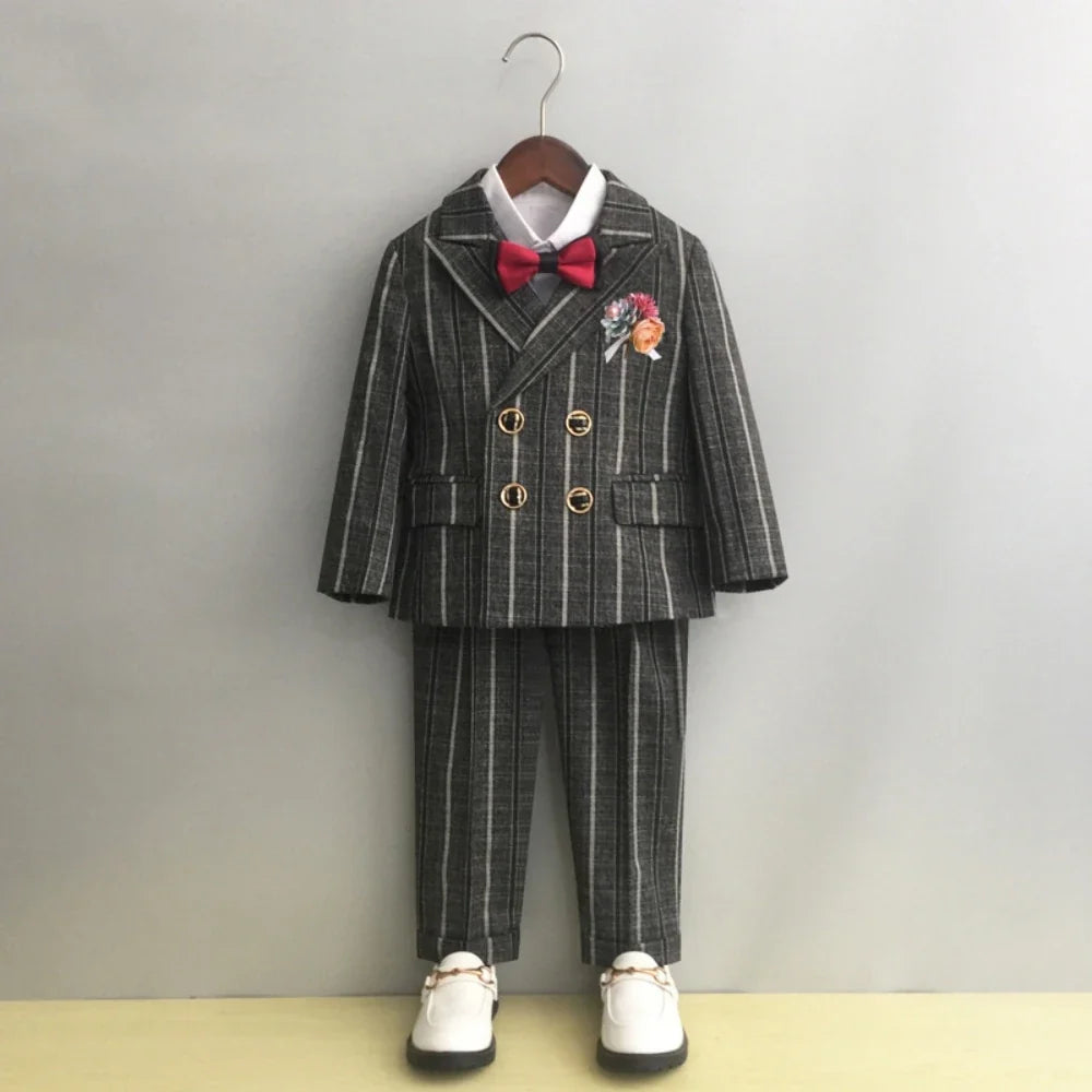 Boys Formal Striped Suit Set 5 Pieces Host Costumes Double Breasted Kids Slim Fit Suits Wedding Ring Bearer Outfit Party Tuxedo