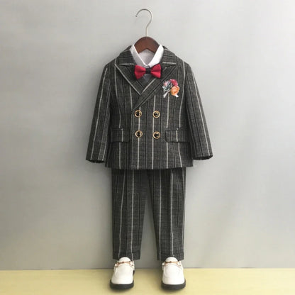Boys Formal Striped Suit Set 5 Pieces Host Costumes Double Breasted Kids Slim Fit Suits Wedding Ring Bearer Outfit Party Tuxedo