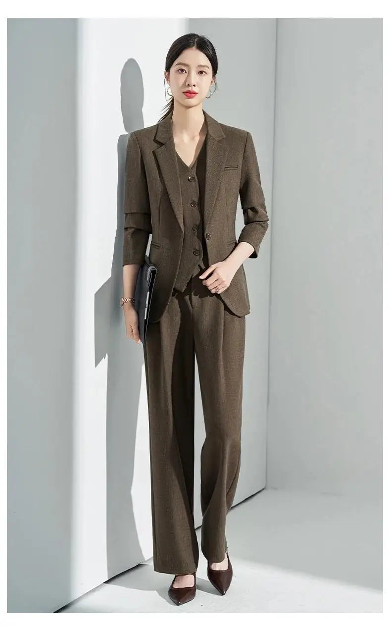 Formal Office Lady Slim Fit 2 Piece Suits Autumn Dark Brown Single Button Blazer And Pants Elegant Business Female Work Wear
