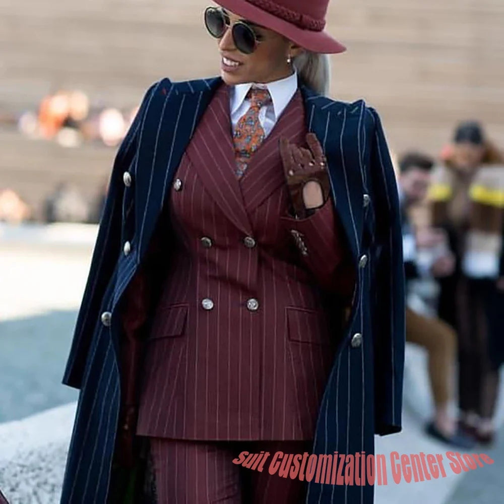 Formal Women's Burgundy Pinstripe Suit with Navy Blue Striped Coat Double Breasted 3Piece Set Elegant Evening Party Outerwears