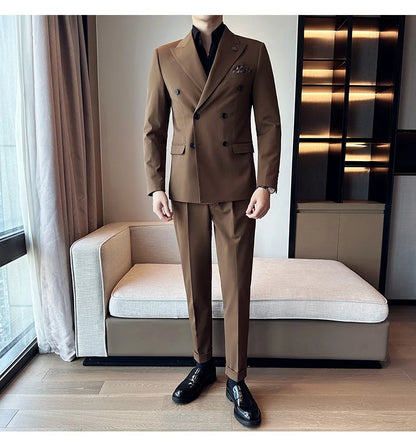 (Blazer + Trousers) Fashion Double Breasted Design Slim Men's Suit Italian Style Luxury Wedding Social Party Tuxedo 2 Piece Set