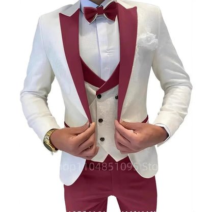 Costume Homme 3 Pièces Jacquard Coupe Classique Blazer Gilet Pantalon Croisé Affaires Bal Mariage Ensemble Vêtements Formels Homme