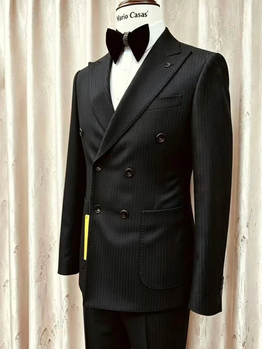 Men Black Pinstripe Suit Set 2 Pieces Business Formal Party Outfit Double Breasted Men's Premium Tuxedo Wedding Party Suit