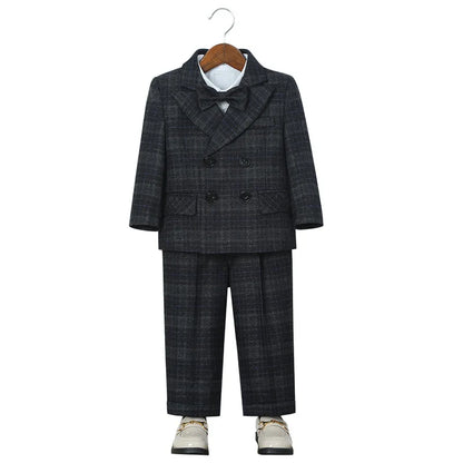 Boys 4Pieces Brown Plaid Wedding Outfit With Jacket Vest Pants Bowtie Kids Formal Wear for Piano Host Speech Performance
