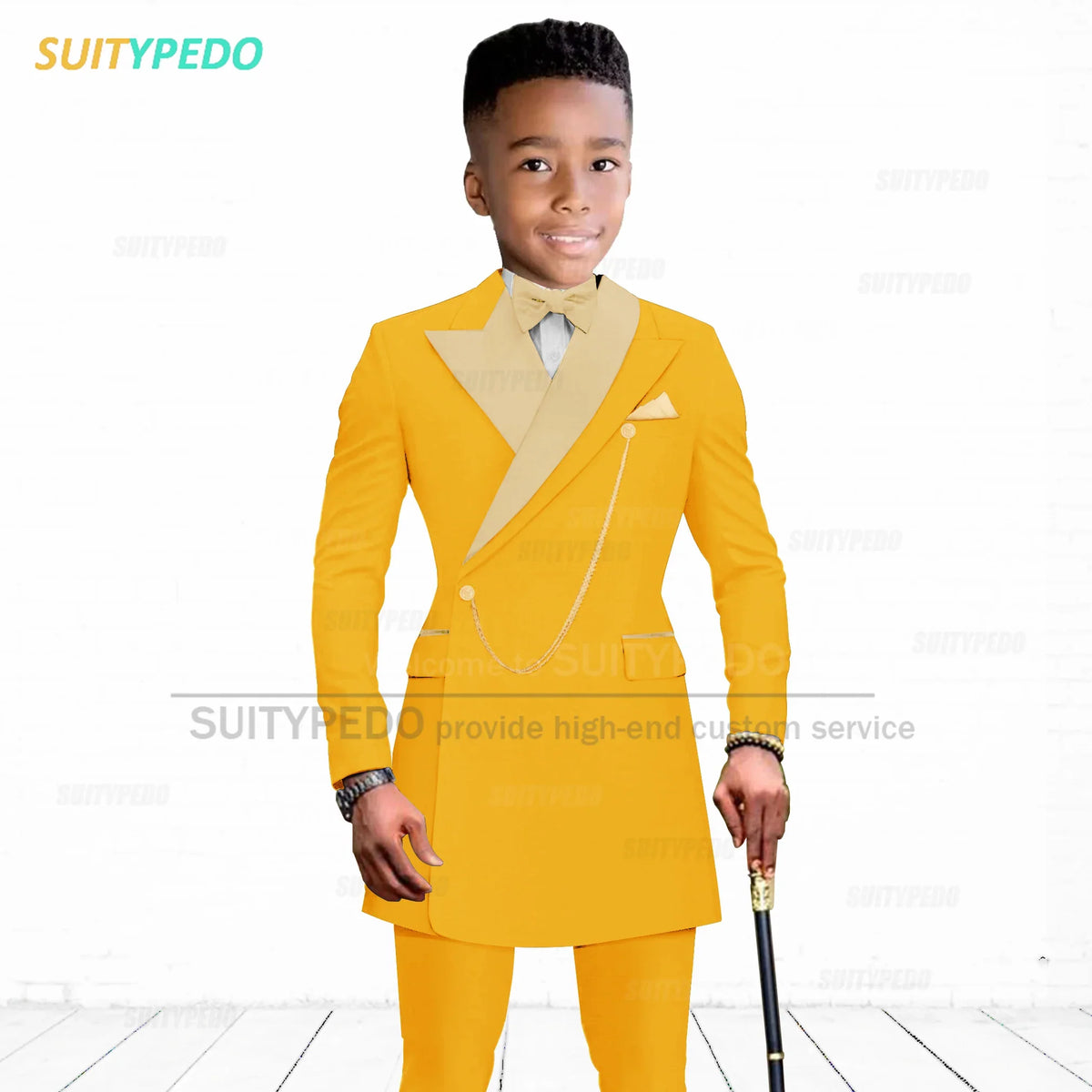 Brief Kids Suit Set  Formal Evening Prom Boys Stylish Gold Lapel Blazer And Pants Two Pieces Children Baptism Formal Costumes