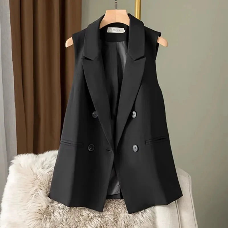 Fashion Suit Vests Women Simple Double Breasted V-neck Sleeveless Jacket 2025 New Korean Slim All-match Waistcoat Daily Outwear