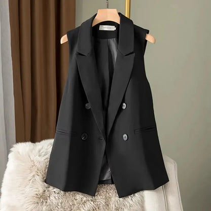 Fashion Suit Vests Women Simple Double Breasted V-neck Sleeveless Jacket 2025 New Korean Slim All-match Waistcoat Daily Outwear