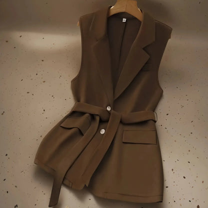Fashion Sleeveless Slim Suit Collar Women Vest Spring Autumn New Single Breasted Elegant Lace Up Female Versatile Vest Tops 2025