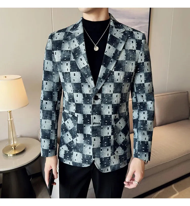 Korean Jacquard Denim Jacket for Men Autumn Winter Casual Business Men Blazers Slim Fit Wedding Social Dress Coat Men Clothing