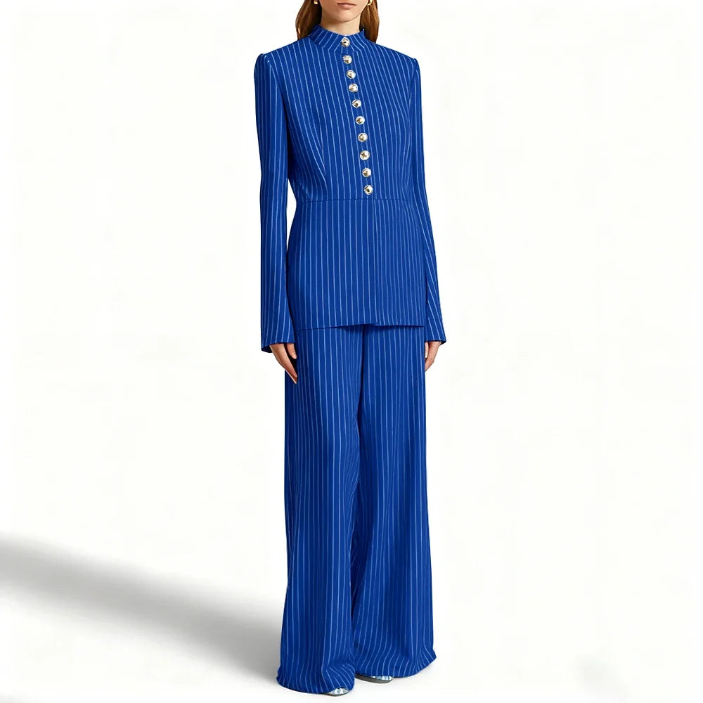 Elegant Women's Suits Pinstripe Two-piece(Jacket+Pants) Set with Stand Collar Gold Single Breasted Business Office Lady Outfit