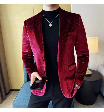 2025 Autumn New Velvet Jacket Men's Blazer Business Fashion Hot Stamping Printed Suit Jacket High-quality Luxury Dress Suit
