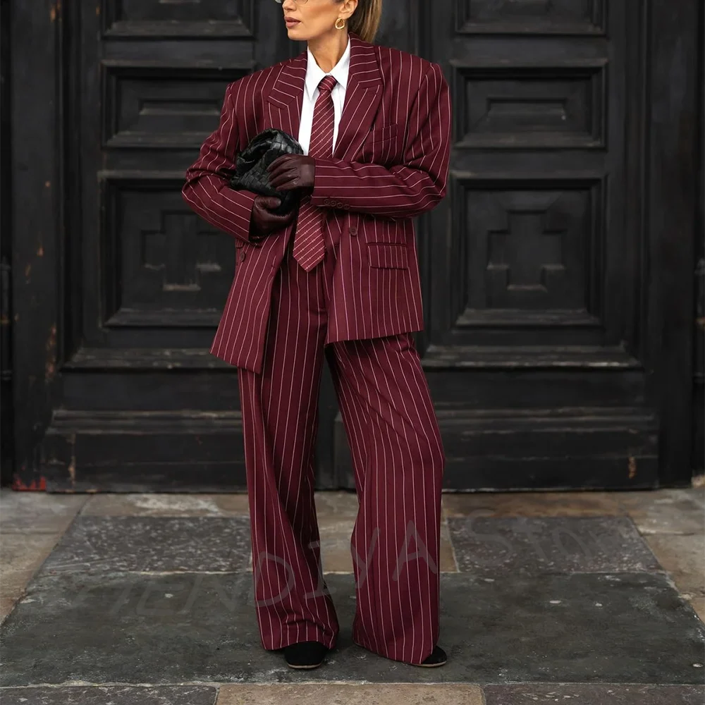Burgundy Striped Casual Women Suit Two Pieces Jacket Pants Loose Fit Peak Lapel Blazer Set Evening Party Prom Lady Outfit