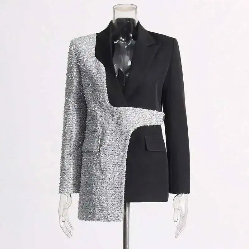 2026 Spring Autumn New Women Blazer Color Block Patchwork Asymmetrical Temperament Office Lady High-end Trend Jacket HK3107