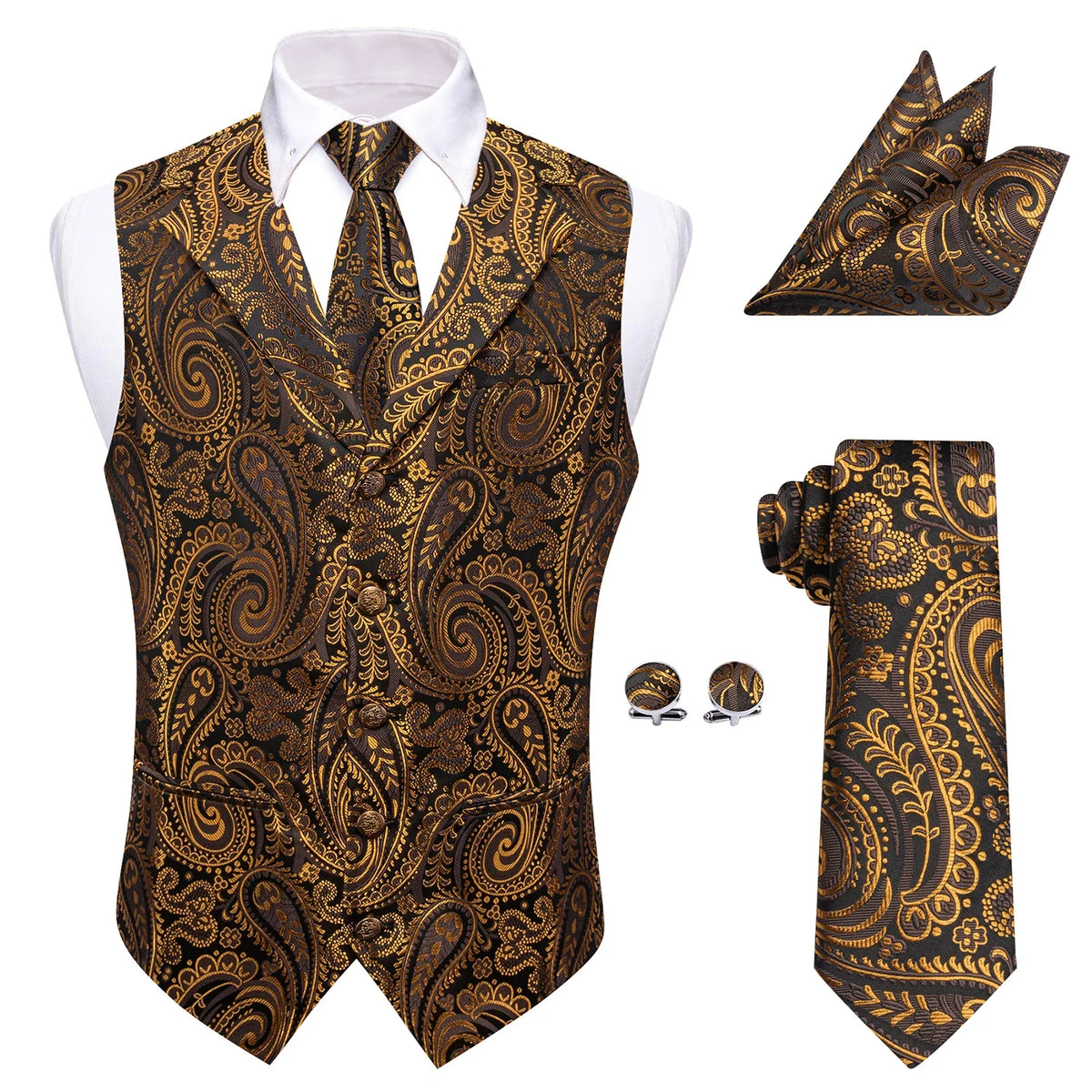 Men's Vest 4-Piece Matching Set with Paisley Lapel for Prom and Banquet Occasions