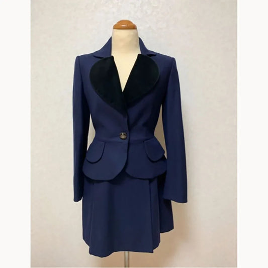 Blue Women's Suits Customied Modern Slim Sweet Heart Neck Single-grain Buckle Two Pieces (Jacket+Skirt) Daily Office Lady Set