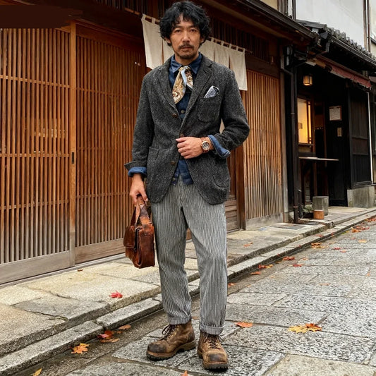Men's Grey Fish Scale Pattern Tuxedo Jacket 2025 New Autumn Retro Travel Casual Top Unique Men's Fashion