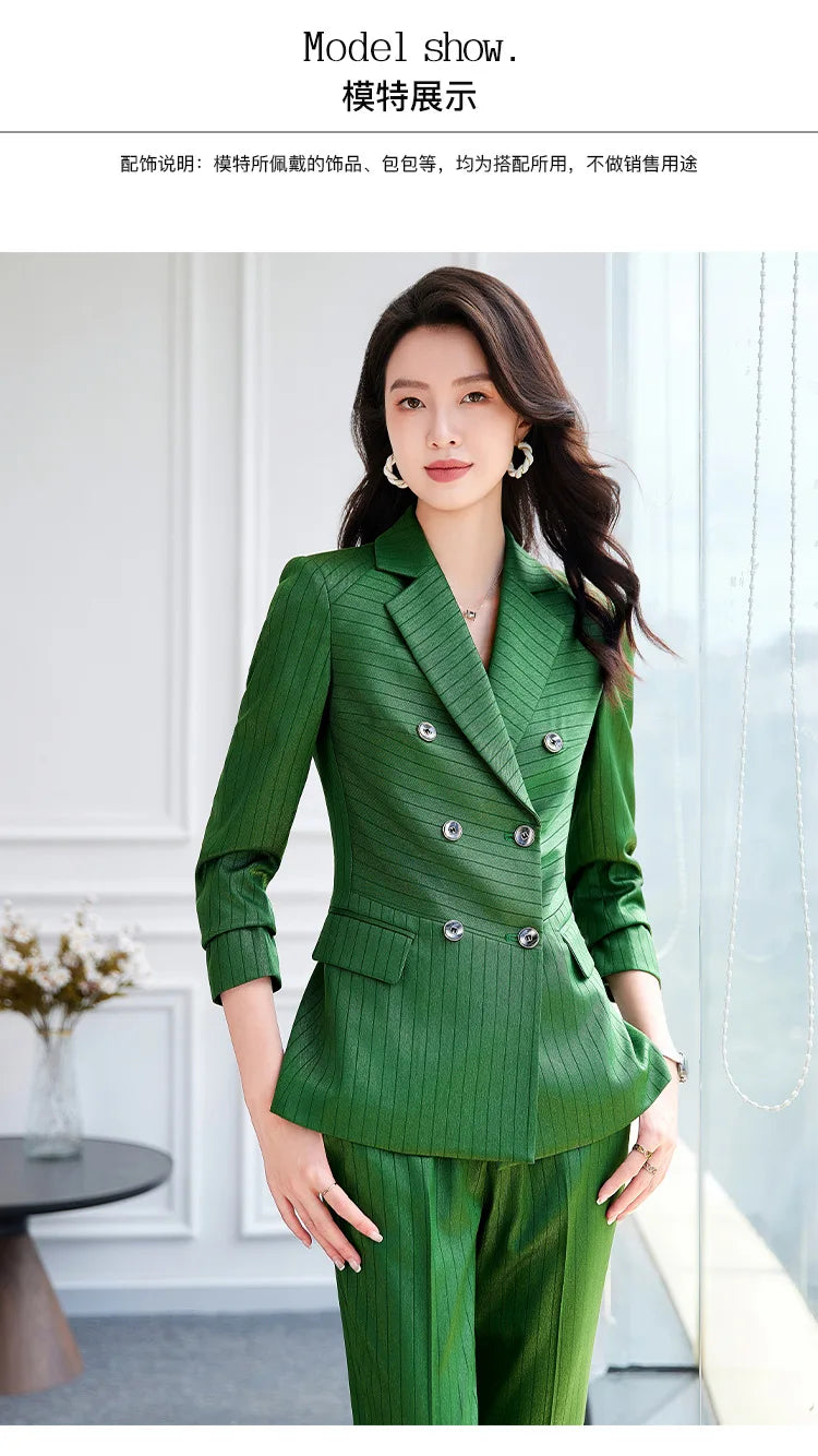 High Quality Women Navy Blue Green Pant Suit Female Button Decoration Blazer and Trouser 2 Piece Set For Office Ladies Work Wear