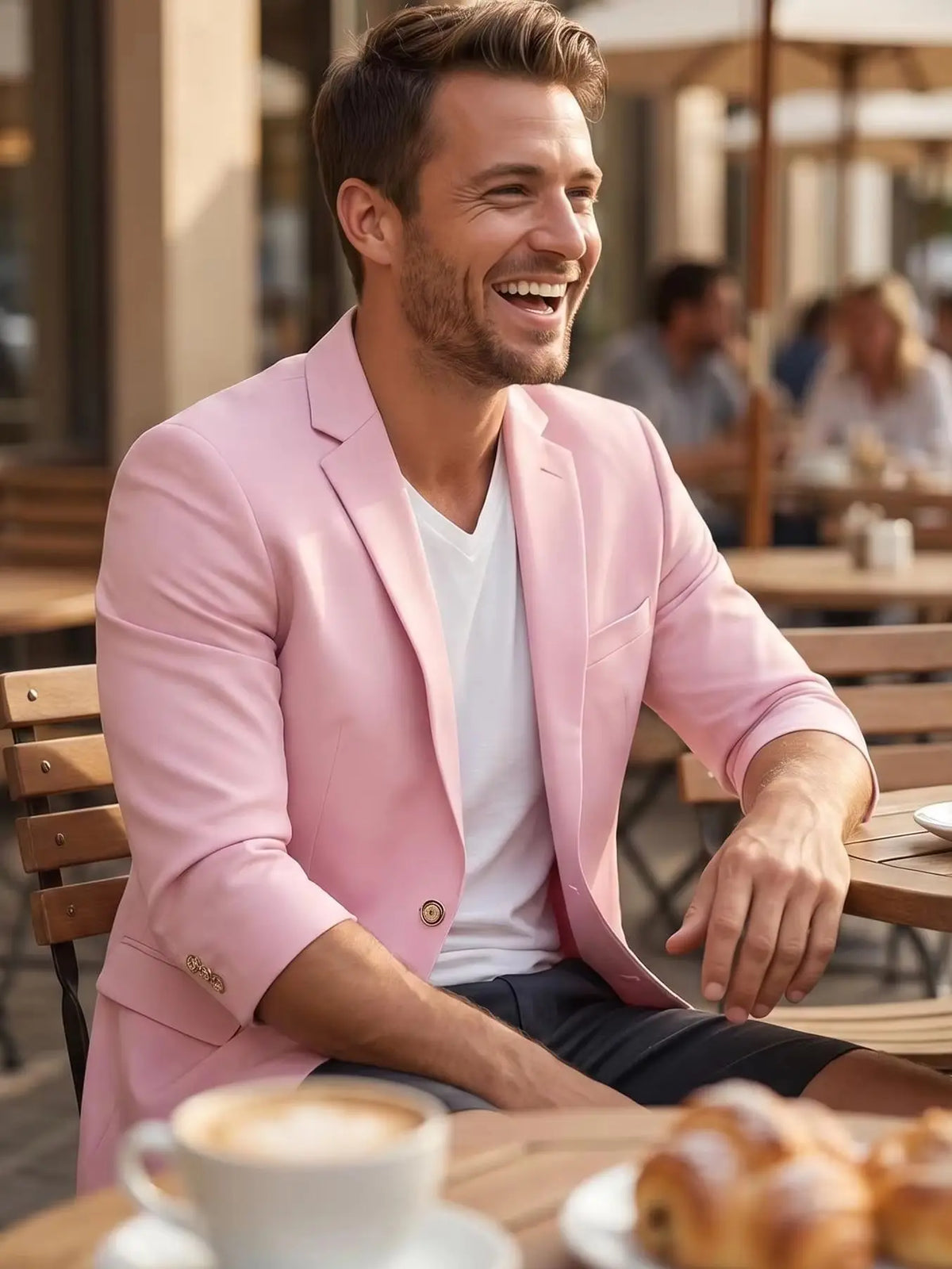 Men's Casual Seven-Quarter Sleeve Pink Suit Summer Leisure Fashionable Top with Pants Included