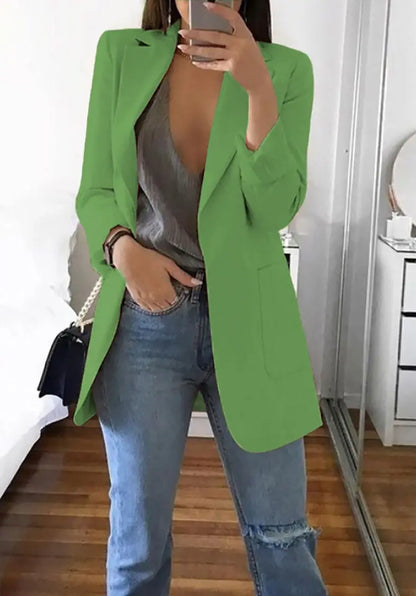 Women's Casual Blazer Notched Lapel Long Sleeve Open Jacket with Pockets Slim Fit Spring Autumn Office Lady Streetwear Coat