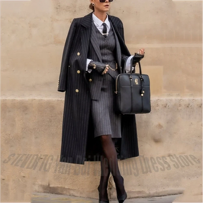 Classic Striped Skirt Suit for Women Tailored Made Notch Lapel Double Breasted Knee Length High Quality Female Luxury Outfit