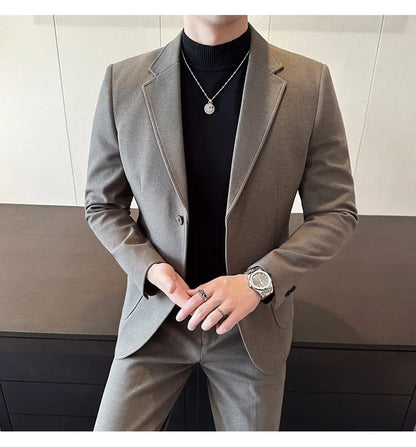 Plus Size 7XL-M ( Jacket+Pant）Autumn Winter Thickened Starry Sky Woolen Suit High Quality Slim Fit Business Social Casual 2 Pcs