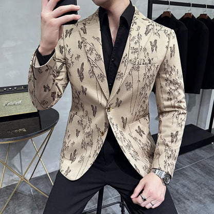 High-end Luxury Printed Slim Fit Suit Jacket For Men 2024 Autumn New Fashion Social Party Casual Suit Coat Swallowtail 4XL-M