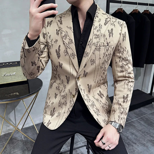High-end Luxury Printed Slim Fit Suit Jacket For Men 2024 Autumn New Fashion Social Party Casual Suit Coat Swallowtail 4XL-M
