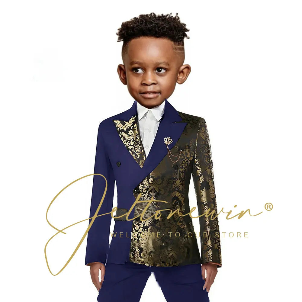 Black And Gold Floral Wedding Boys Suit Double Breasted Formal Kids Blazer Set Party Dress Child Tuxedo Jacket Pants 2 Piece Set