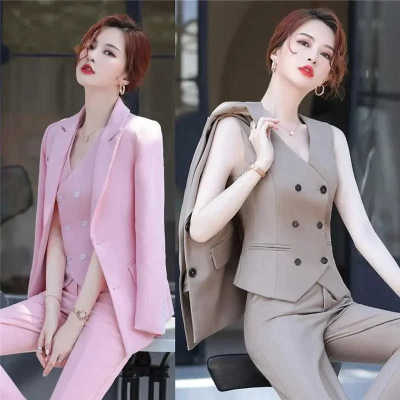 Lady Solid Lapel Blazer Suit Full Sleeve V-neck Single Breasted Straight Leg Pants Suits 2026 Fashion New Office Commute Outfit