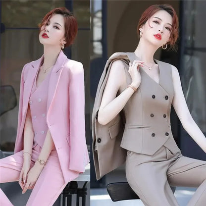 Lady Solid Lapel Blazer Suit Full Sleeve V-neck Single Breasted Straight Leg Pants Suits 2026 Fashion New Office Commute Outfit