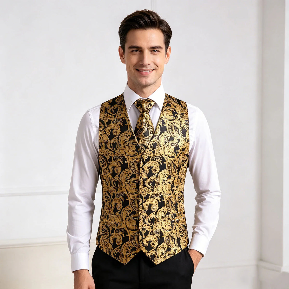 Men's Vest 4-Piece Set Golden Paisley Floral Formal Waistcoat for Wedding & Party