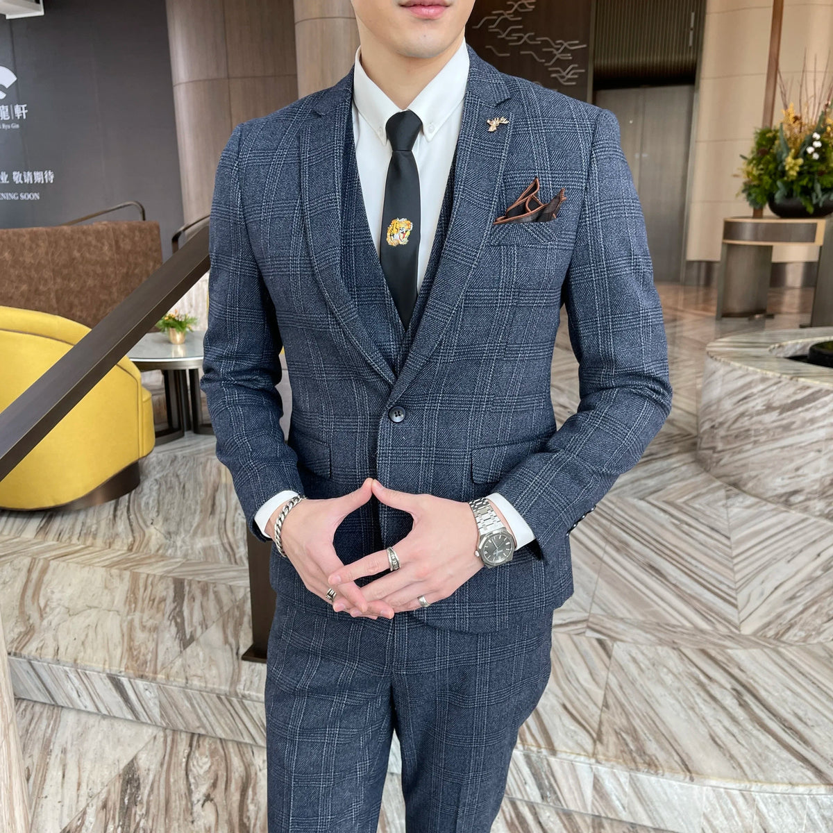 Ensemble costume trois pièces à carreaux modifié de haute qualité de style coréen britannique pour hommes - Gilet et pantalon de costume décontracté élégant
