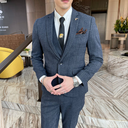 Ensemble costume trois pièces à carreaux modifié de haute qualité de style coréen britannique pour hommes - Gilet et pantalon de costume décontracté élégant